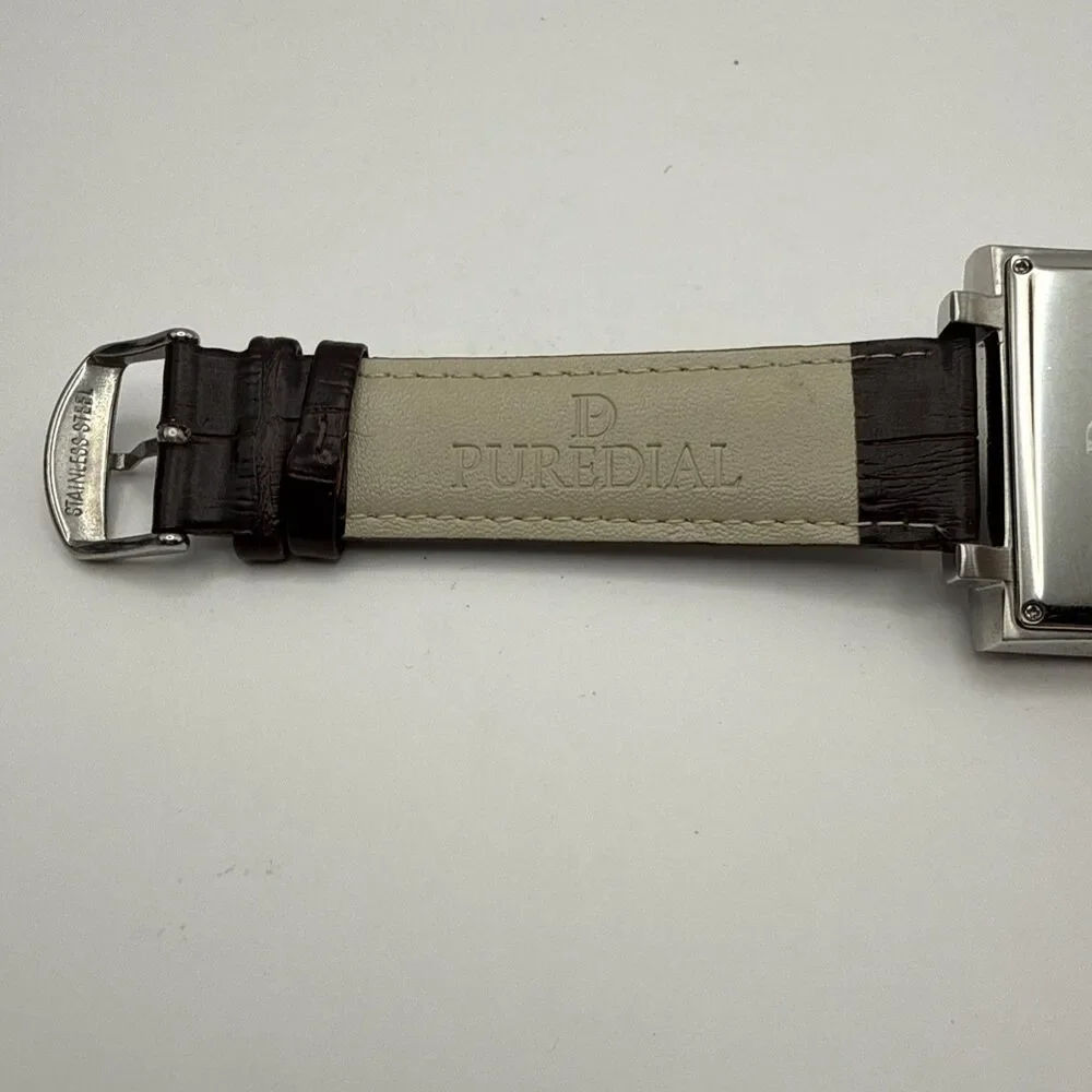 Puredial Square Legacy 1860s Style Mens Stainless Steel Watch Brown Leather Band